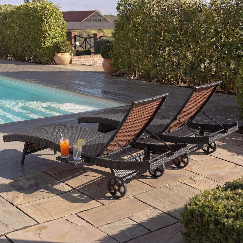 80"Patio Chaise Lounge Chairs Set of 2, Rattan Reclining Chair w/Rolling Wheels & Pull-out Side Table, Adjustable Backrest