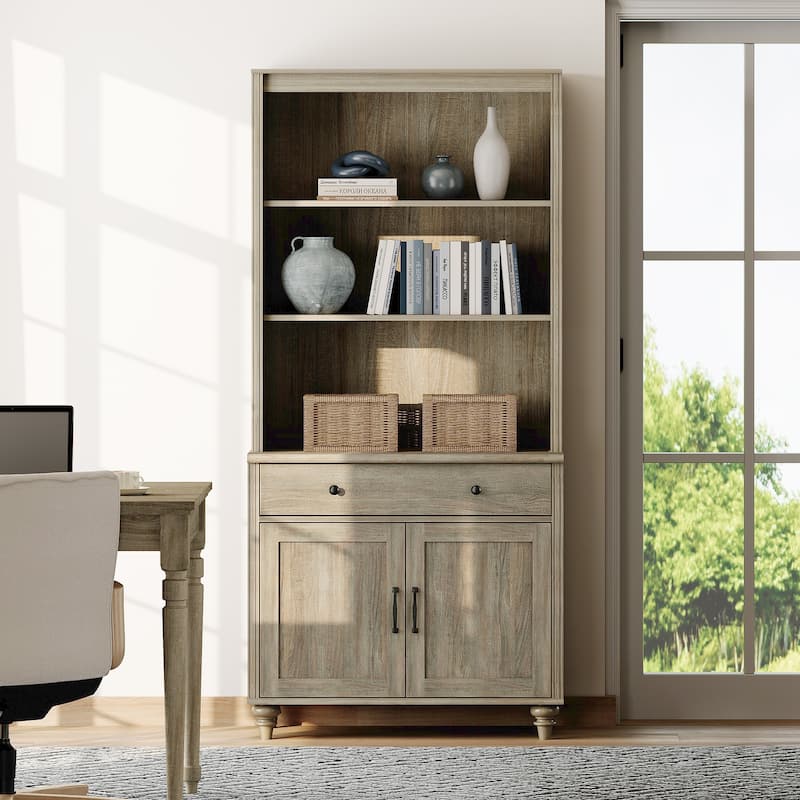 Wash Gray Bookcase with Doors, Large Wood Farmhouse Book Case Shelf - wash grey - 1 drawer and 2 doors