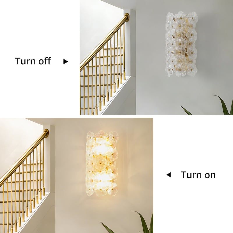 Starsky 2-Light Gold Floral Glass Wall Sconce ,Decorative Wall Lamp with Textured Glass Shade for Indoor Spaces