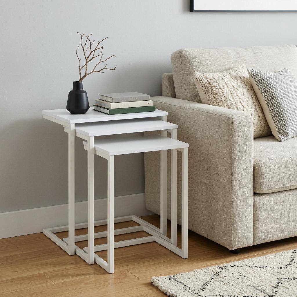 HomeRoots Set of Three White Solid Wood and Steel Frame Nested Tables - 18.00 in. x 23.50 in. x 12.00 in.