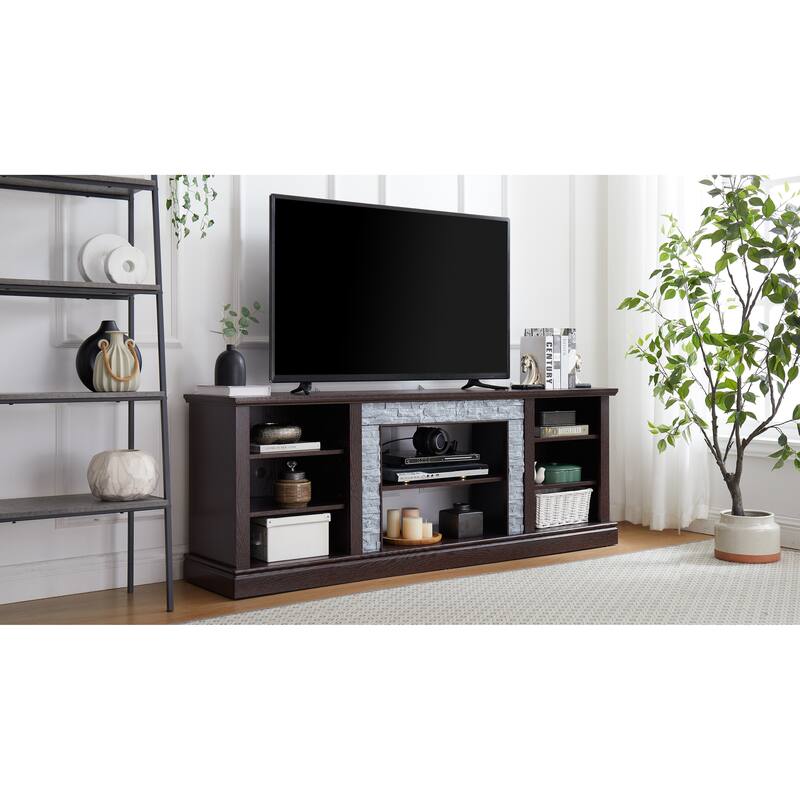 Modern Faux Stacked Stone Surround TV Stand, Desk Storage Rack with Open Storage and Adjustable Shelves, for Living Room