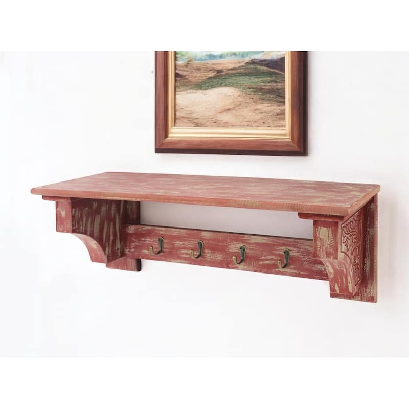 HomeRoots 30" Red Distressed Wood Four Hook Wall Mounted Hanging Coat Rack - 8" x 30" x 9.75" - 8" x 30" x 9.75" - Red