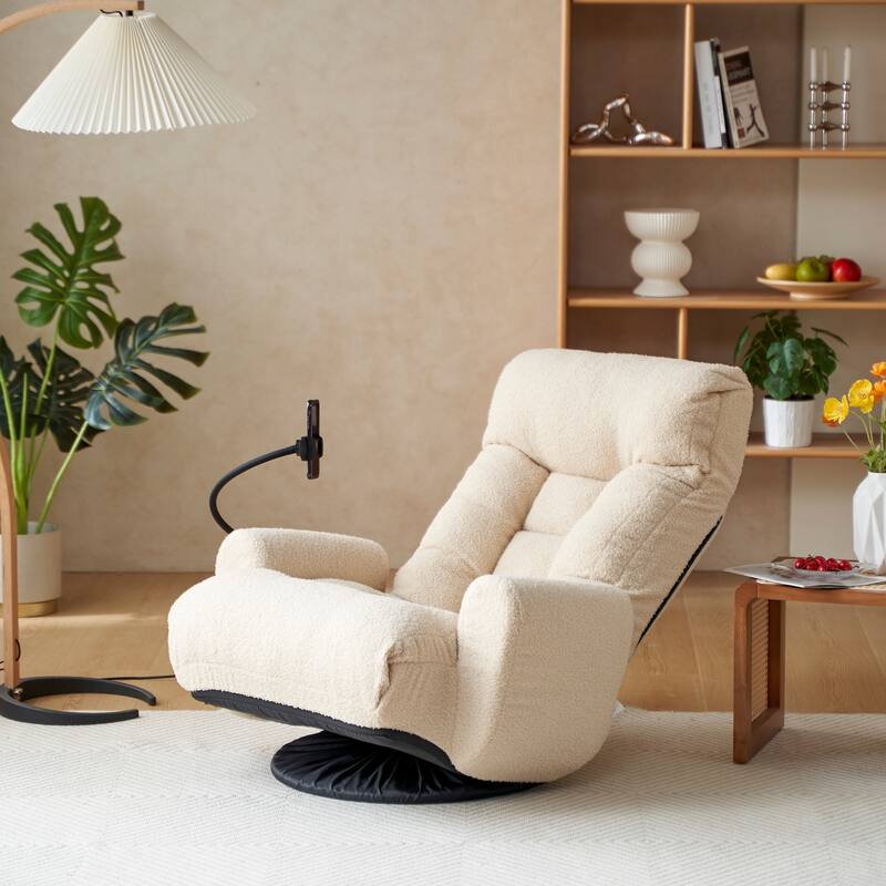 Upholstered 360° Swivel Manual Leisure Recliner with Mobile Phone Holder, Adjustable Headrest and Backrest