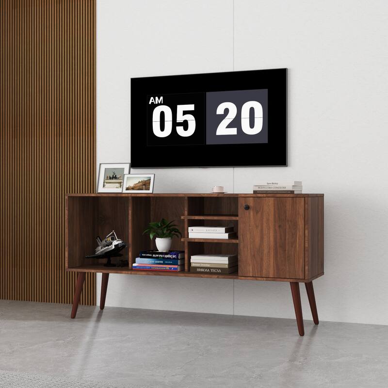 Modern TV Stand Stylish TV Stand with 1 Storage, 4 Solid Wood Legs, and 3 Shelves, for Living Room, Walnut