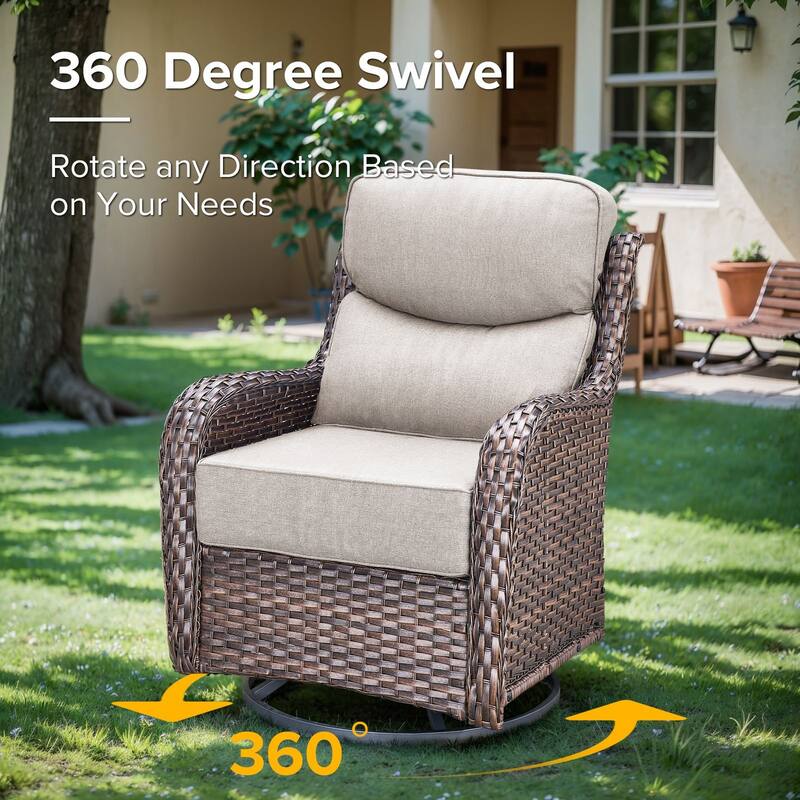 Gymojoy 9-Piece Wicker Patio Furniture Sofa Set with Fire Pit Table, 6-Inch Thick Cushion Swivel Glider Chairs & Ottomans