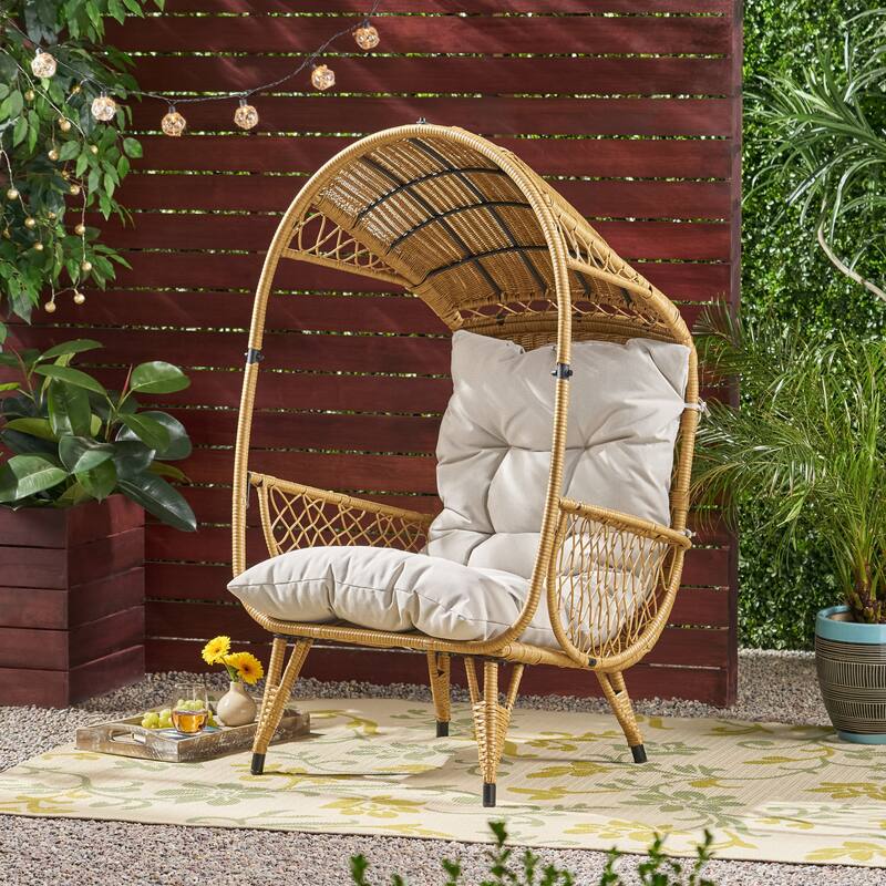 Roomfitters Outdoor Wicker Egg Chair with Canopy, Teardrop Lounge Seating and Soft Cushions for Patio Garden Balcony - Brown+Beige