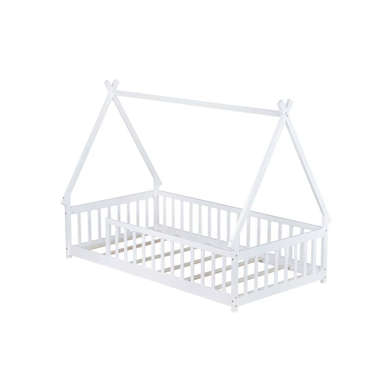 Roomfitters Twin Tent-Shaped Floor Bed with Teepee Frame, Rubber Wood Platform with Guardrails and Slats