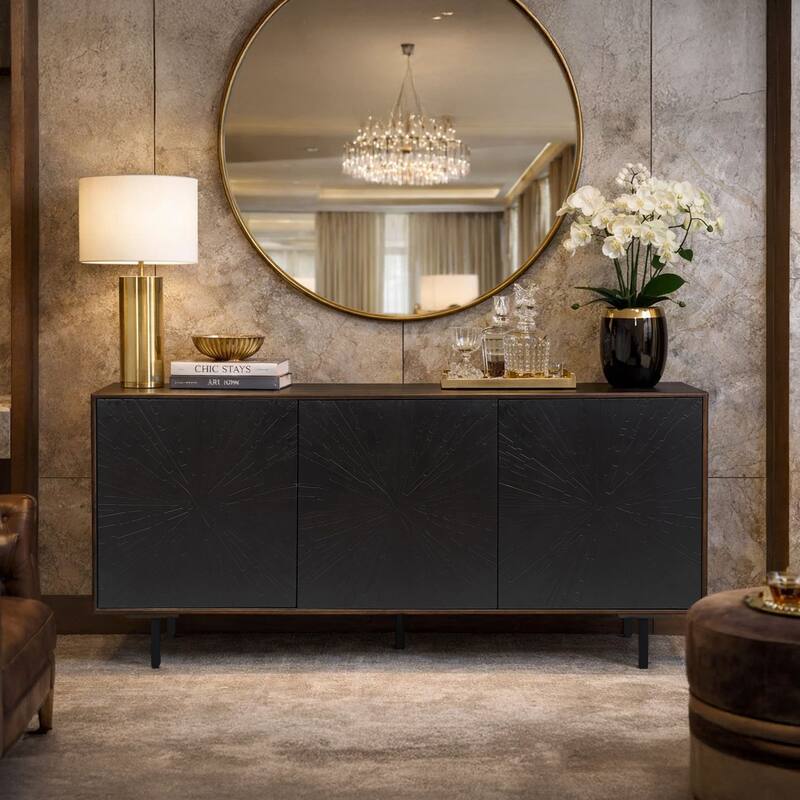 64 Inch Cosmo TV Stand Console, 3-Door Cabinet, Dark Walnut Brown & Black Mango Wood