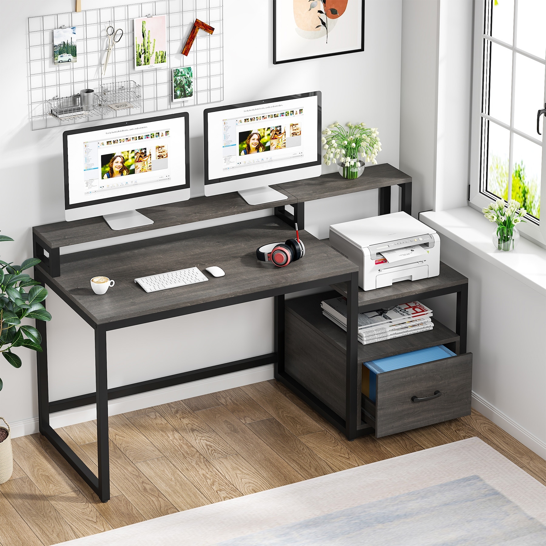 Computer Desk with File Drawer and Storage Shelves, Industrial