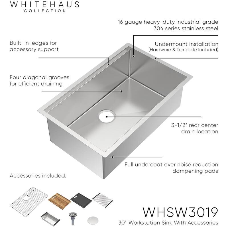 Whitehaus WHSW3019 30" Undermount Single Basin Stainless Steel Modern - Brushed Stainless Steel