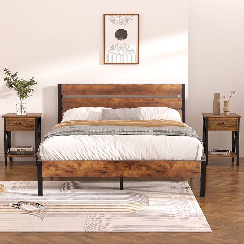 3-Pieces Bed Frame with Wood Headboard and Modern Nightstands Set of 2 - Brown Set - Full