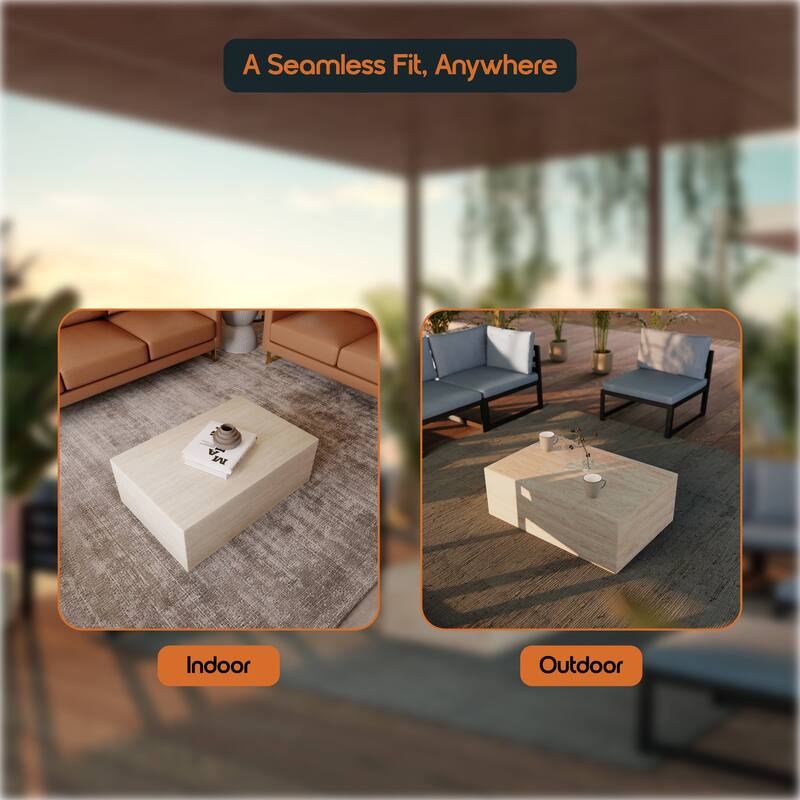 Maya Rectangular Coffee Table in Fiberstone for Indoor and Outdoor Modern Accent Center Table - 11.8" H x 23.6" W x 35.4" D