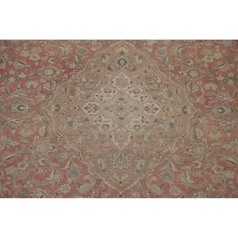 Hand Knotted Oriental 100% Wool Carpet Traditional Floral Pink Mashad Area Rug - 13' 9'' X 9' 7''