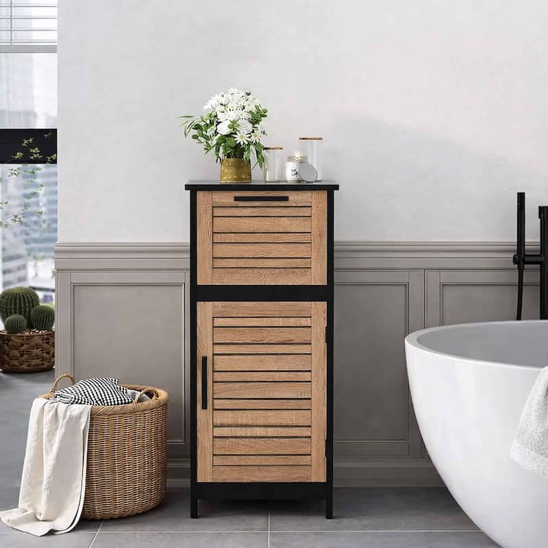Compact Bathroom Storage Cabinet with Drawer and Vented Door, Black and Brown - Bergen Collection - 14.7"L x 11.13"W x 32.12"H