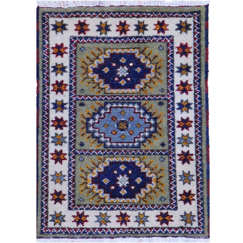 HERAT ORIENTAL Handmade Kazak Wool Rug - 2' x 3' - 2' x 3' - Olive/Burgundy