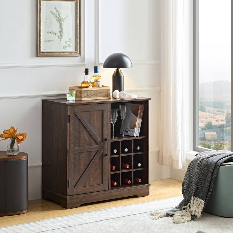Buffet Sideboard Cabinet with Barn Door, Wine Bar Cabinet with Detachable Wine Rack, Storage Cabinet with Adjustable Shelves