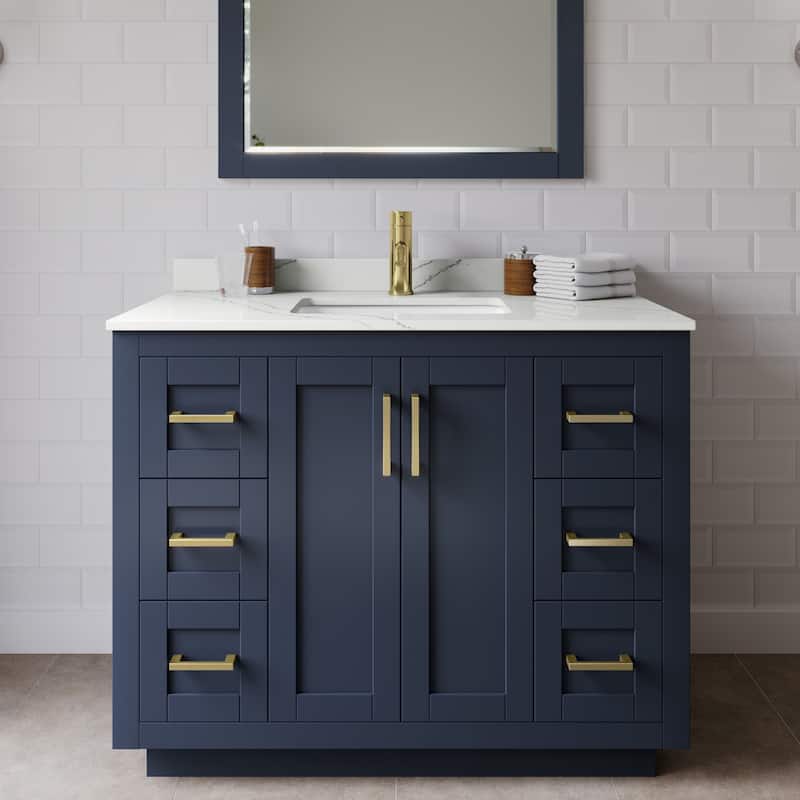 Wyndham Collection WCF292942S-QTZ-UNSMXX Miranda 42" Free Standing - Dark Blue / Giotto Quartz Top / Brushed Gold