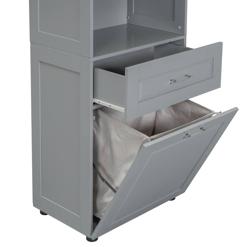 Freestanding Tall Bathroom Double Door Storage Cabinet with Removable Laundry Basket, Open Shelf, Drawer and Adjustable Shelf