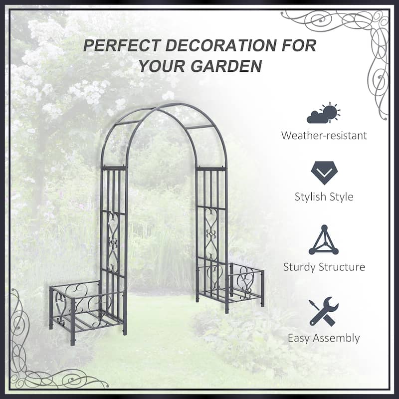 6.7' Steel Garden Arch Arbor with Scrollwork Hearts, Planter Boxes for Climbing Vines, Ceremony, Weddings, Party, Backyard