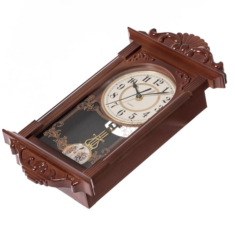 Clockswise Vintage Grandfather Wood-Looking Plastic Pendulum Decorative Battery-Operated Wall Clock Brown, for Home Decor