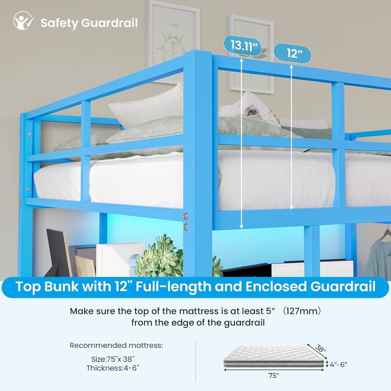 Loft Bed with L-Shaped Desk Charging Station Metal LED Lights 3 Fabric Drawers