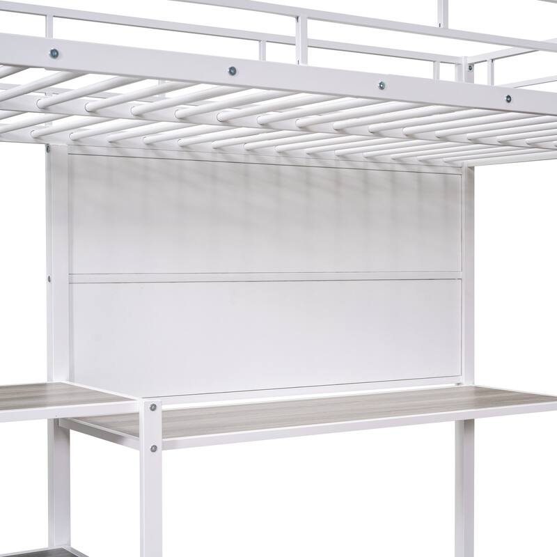 Twin Size Metal Loft Bed with Desk, Whiteboard, Shelves, and Ladder