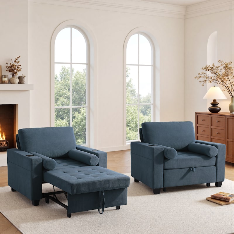 2 Set Convertible Adjustable Lounge 3-in-1 Pull-Out Sleeper Chair Bed - Navy