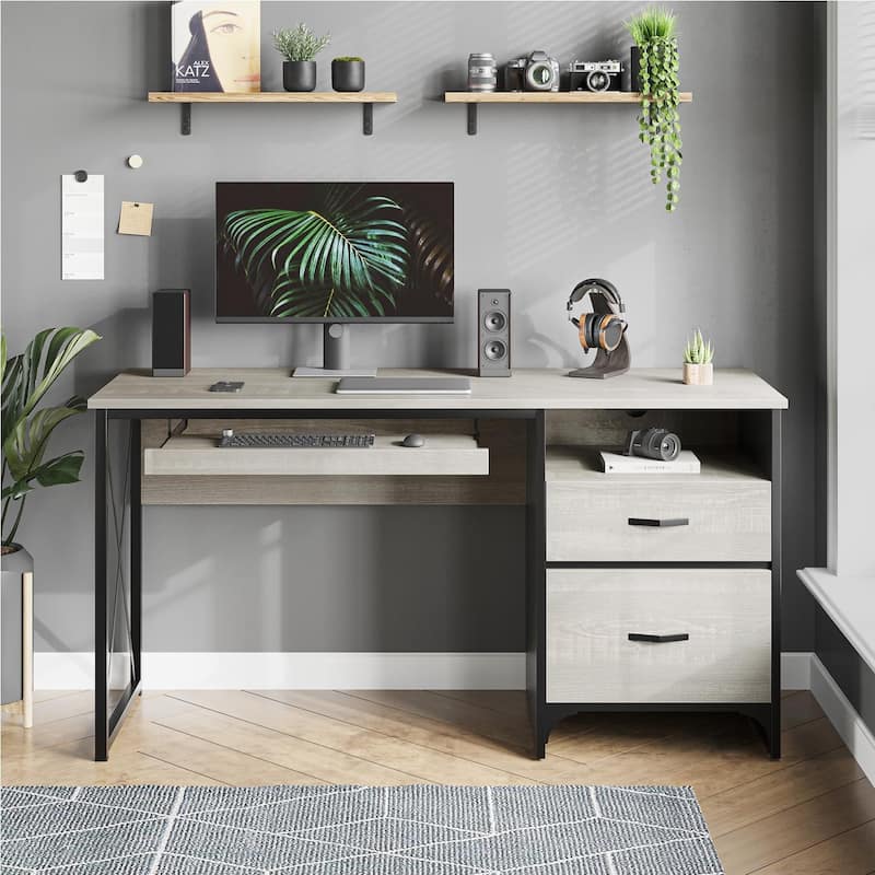 55 inch Computer Desk with Keyboard Tray and Storage Drawers