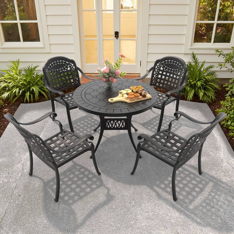 3/5 Piece Cast Aluminum Outdoor Dining Set with 39.37 in. Round Table and Seat Cushions