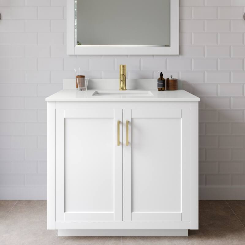 Wyndham Collection WCF292936S-QTZ-UNSM34 Miranda 36" Free Standing - White / White Quartz Top / Brushed Gold Hardware
