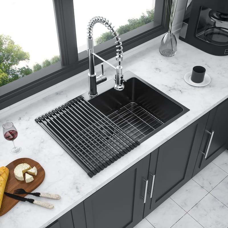 Drop In Gunmetal Black 16 Gauge Stainless Steel 30" Single Bowl Topmount Kitchen Sink Basin