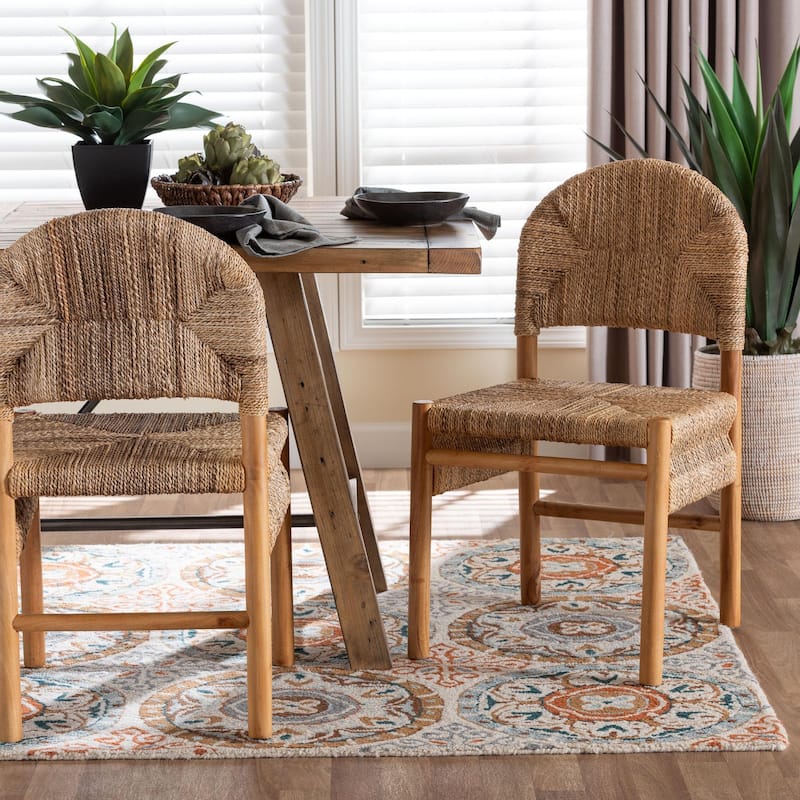 Cavo Handwoven Seagrass Dining Chair - Natural Fiber Wicker Side Chair with Mahogany Wood Frame, for Dining Room