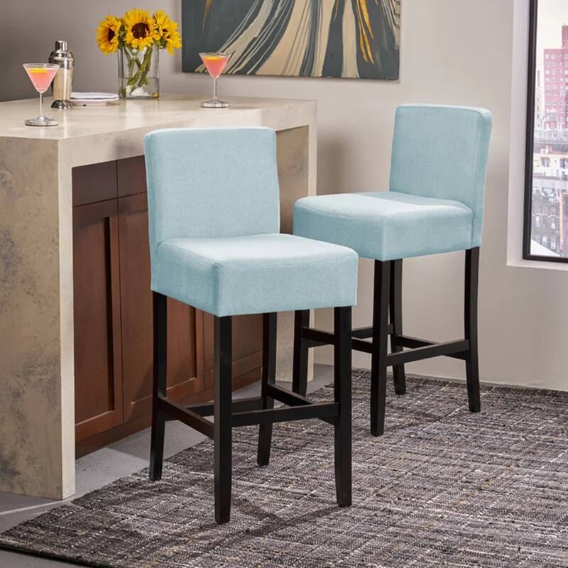Modern 30" Set of 2 Bar Stools with Padded Seat Backrest, Solid Wood Frame for Dining Room Living Room and Bar Counter - Blue