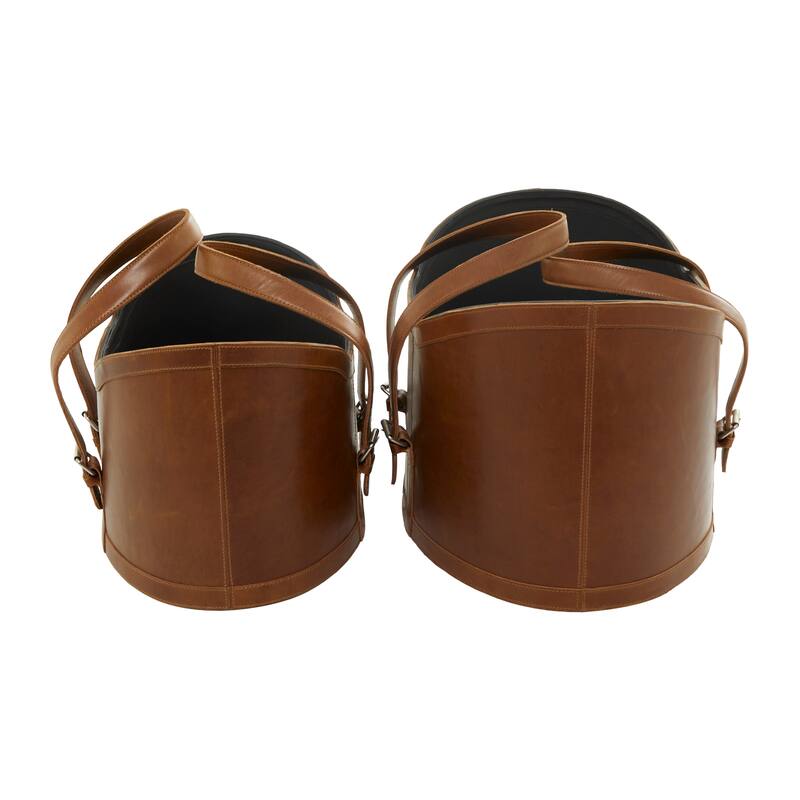 Leather Handmade Storage Basket with Handles - Set of 2 Dark Blue or Brown - Roche River Decor