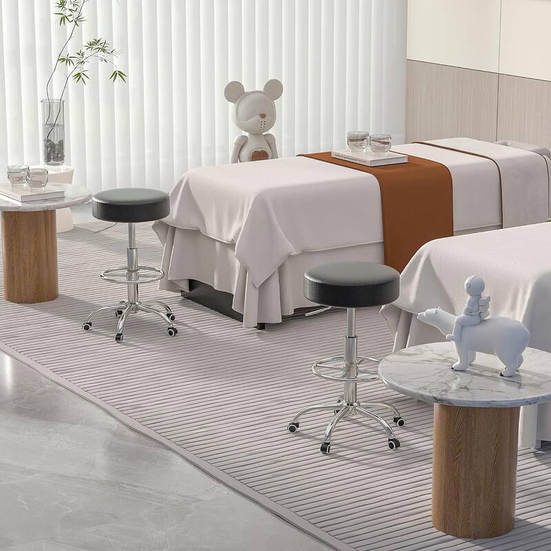 VECELO Round Drafting Stool Swivel Rolling Chair PU Leather Height Adjustable with Wheels Footrest Home Office Chair