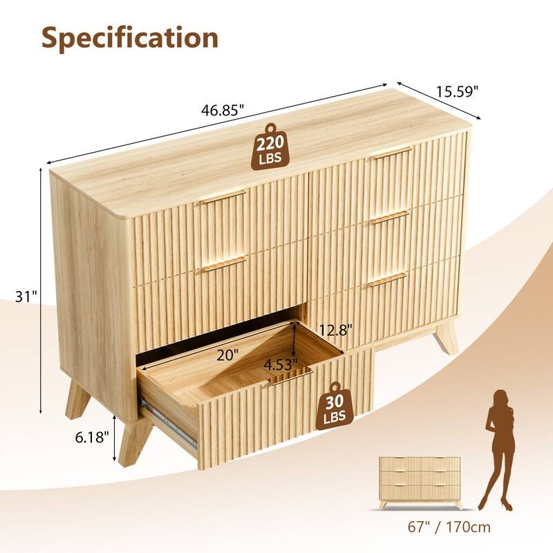 Oak Finish 6-Drawer Double Dresser Grid Chest P2 Particleboard+MDF With Melamine&Vacuum Forming 47.22"W