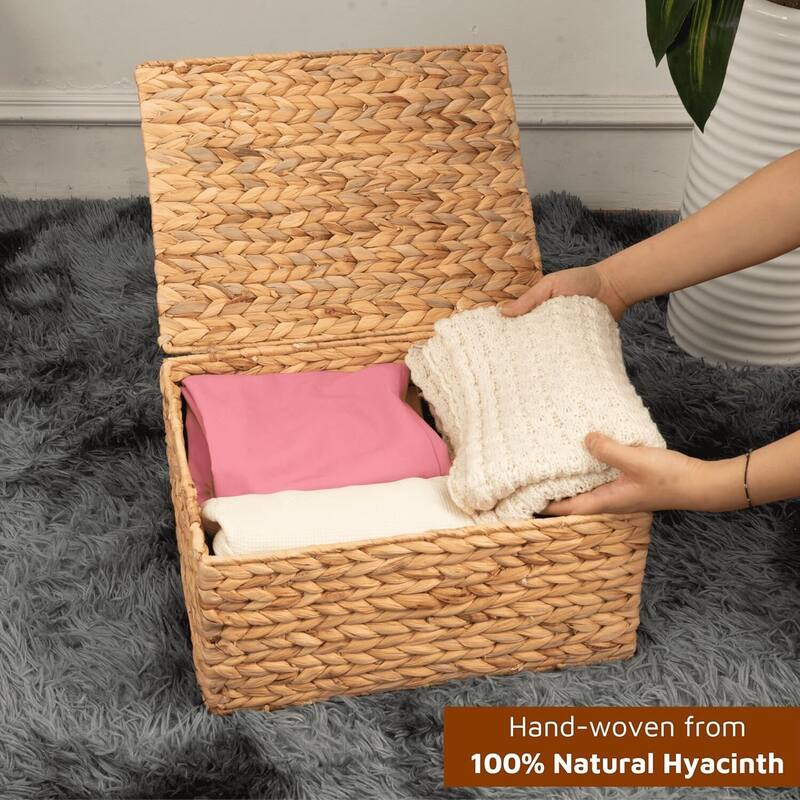 Wicker Storage Baskets with Lid, Basket With Lid Decorative Storage Rectangle - 14"D x 6.99"W x 11"H