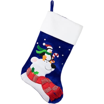 24" Large Penguin & Bear Blue Velveteen Christmas Stocking White Cuff