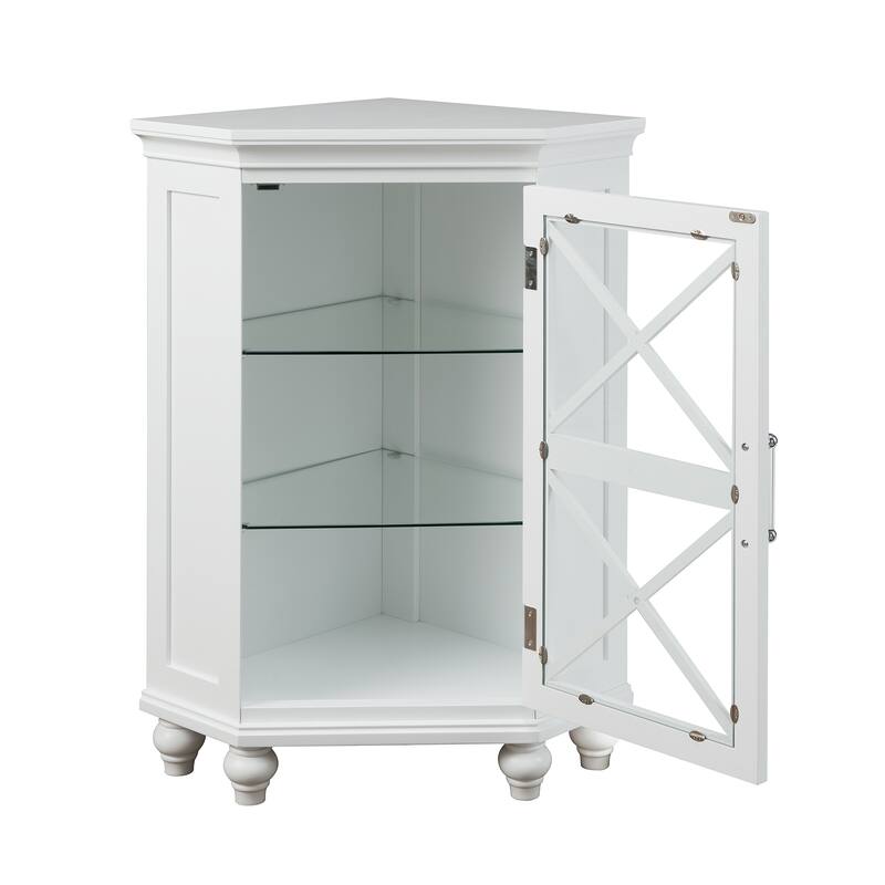 Teamson Home 25" W White Corner Freestanding Floor Cabinet, Tempered Glass Shelves, Adjustable Storage for Bathroom and Kitchen