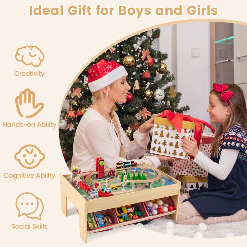 Gymax 94 PCS Wooden Train Set Table w/Reversible Tabletops 3 Storage