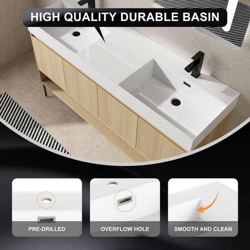 GDFStudio - Sydney Modern Freestanding Bathroom Vanity Cabinet with Double Resin Sink & 4-Soft Closing Doors - 60"