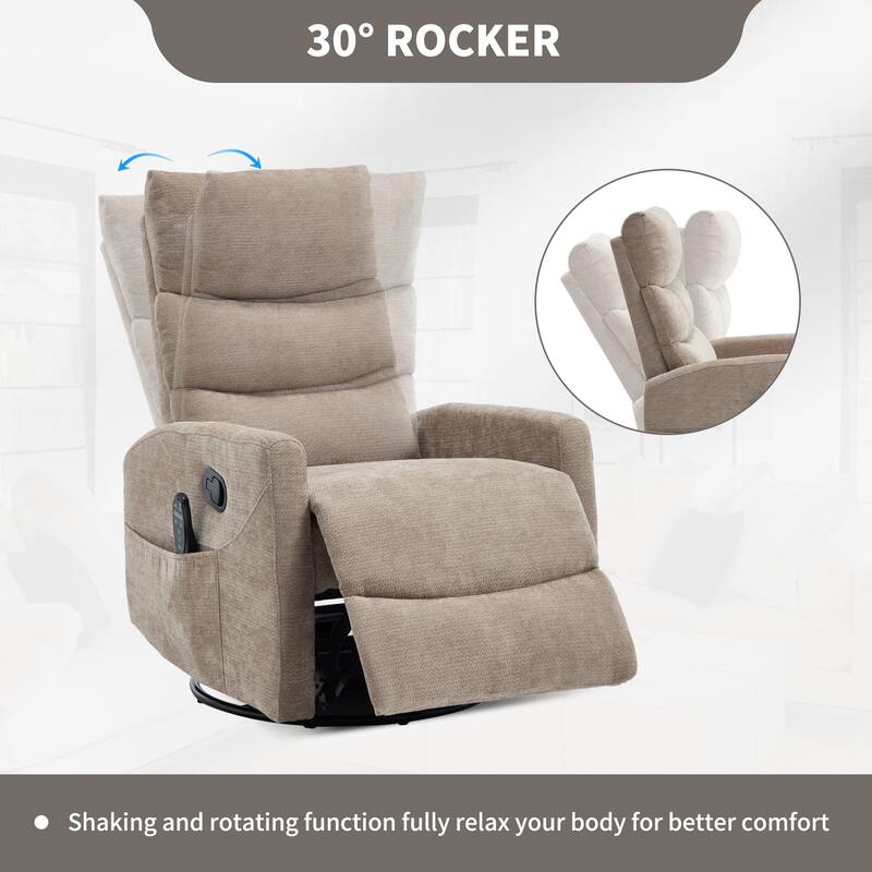 Manual Recliner Chair with Heat & Massage, Fabric Upholstered Glider Recliner Chair, Swivel Recliner Chair with Side Pockets