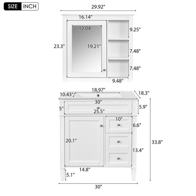 Plywood Freestanding Bathroom Vanity Set in Maple with Integrated Ceramic Sink with Mirror Cabinet - 30“ x 18"