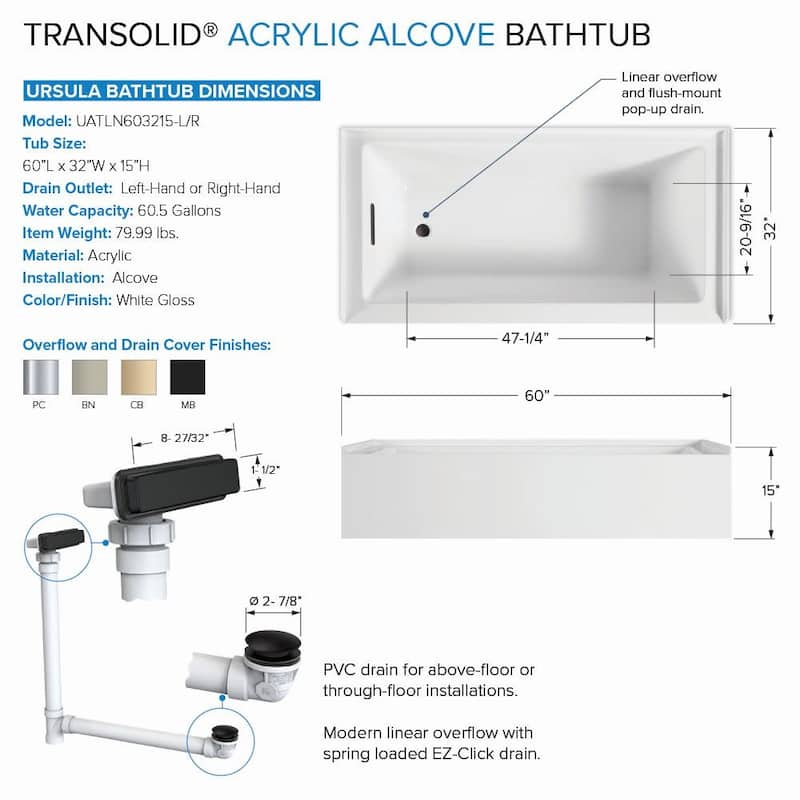 Transolid UATLN603215-L Unity 60" x 32" Three Wall Alcove Acrylic