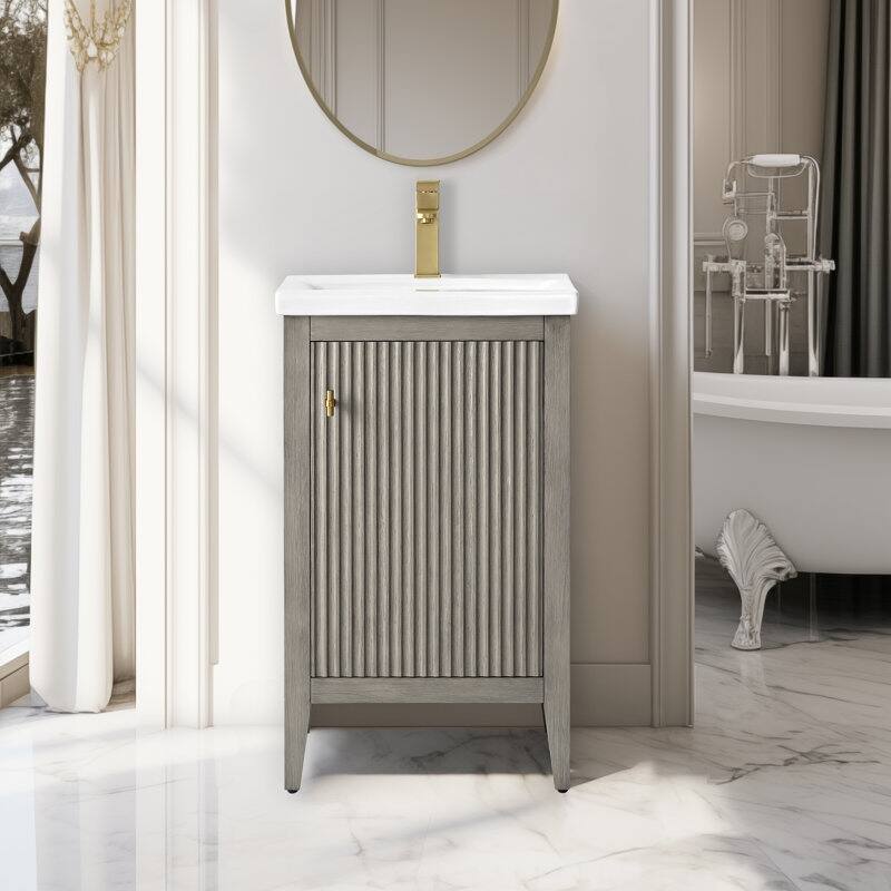 Vanity Art 20" Single Sink Bathroom Vanity Cabinet with Ceramic Top - 20"/Golden Brushed Handle - Linear Driftwood Gray