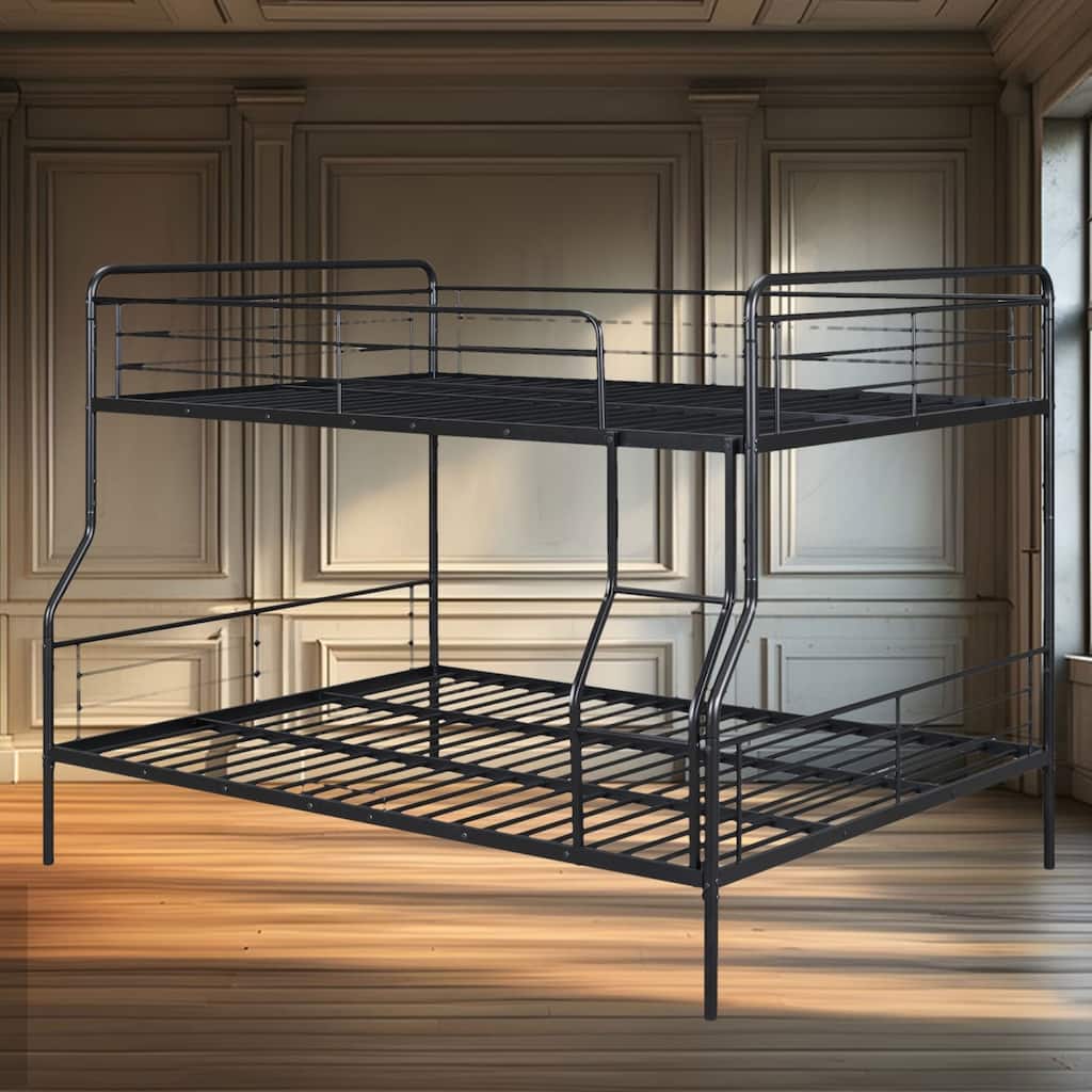 Full XL Over Queen Metal Bunk Bed with Chrome Finish, 2 Built-In Storage Drawers, Space-Saving Design, Easy Assembly