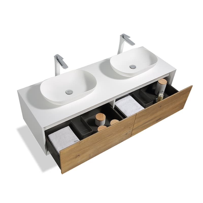 Wall Mounted Bathroom Vanity Set with White Solid Surface Top and Vessel Sink