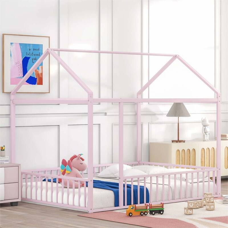 Metal Bed House Bed Frame with Fence - Pink - Full