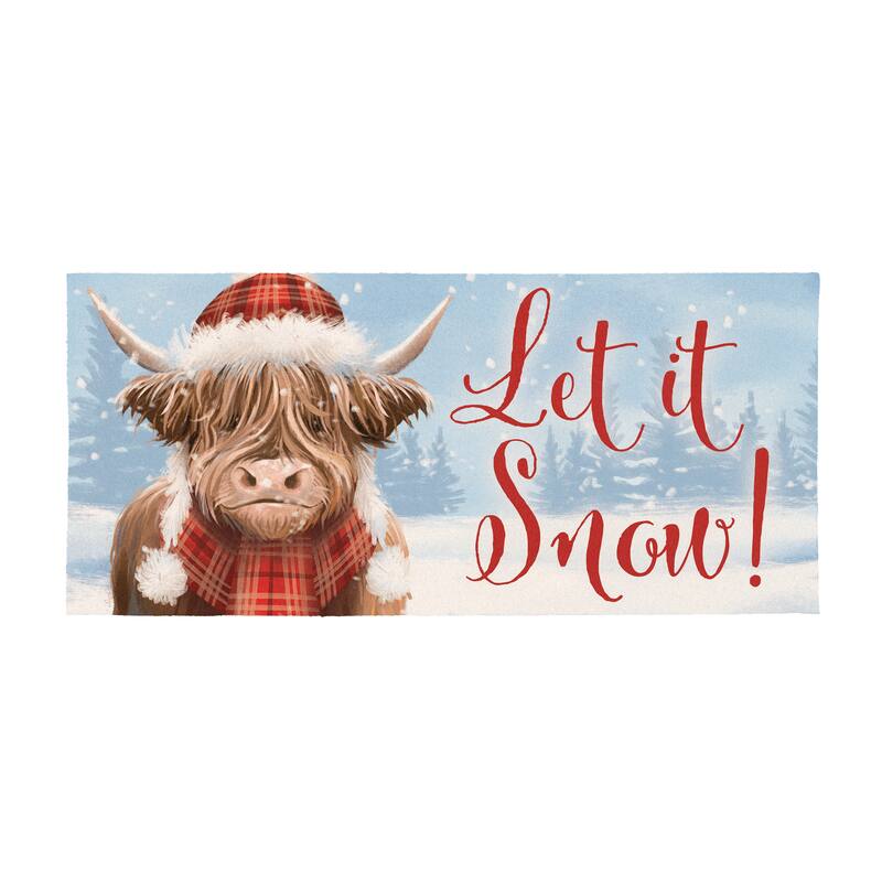 Holiday Highland Cow Flocked Coir Sassafras Mat - "Let It Snow" - 22" x 10"