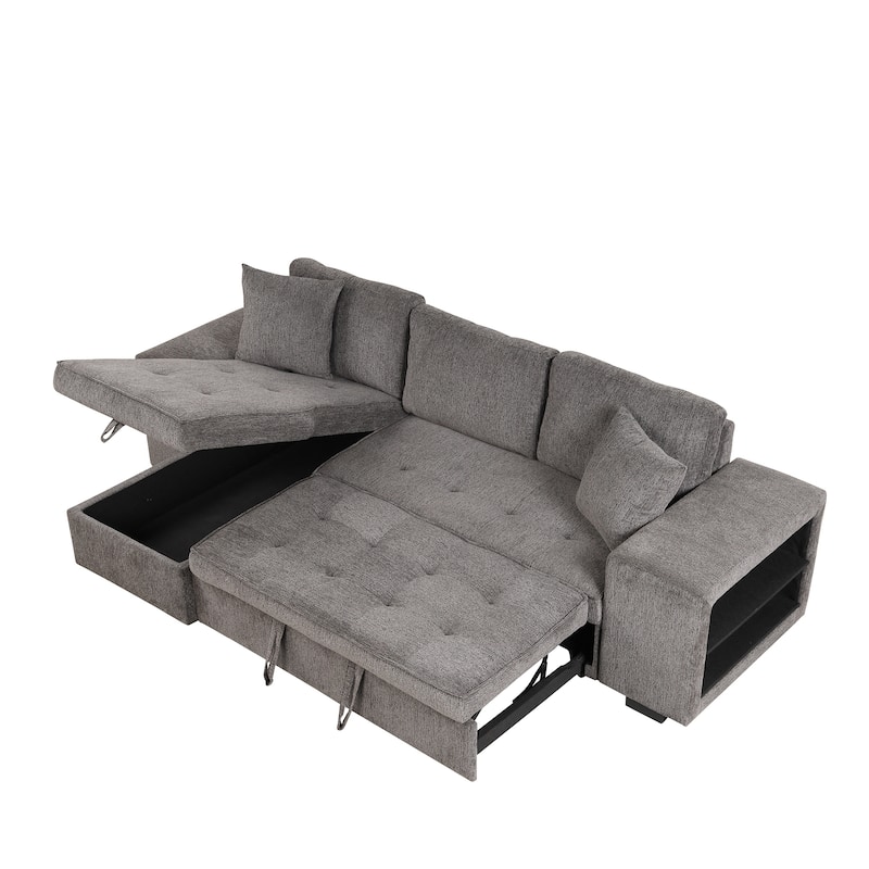 Grey 104.5" Charcoal L-Shaped 3-Seater Convertible Sofa with Pull-Out Bed, Storage Chaise, and 2 Convenient Stools